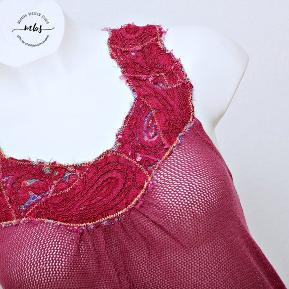 Free People Vintage Floral Laced Trim Sheer Mesh Sleeveless Round Neck Top - Picture 9 of 16